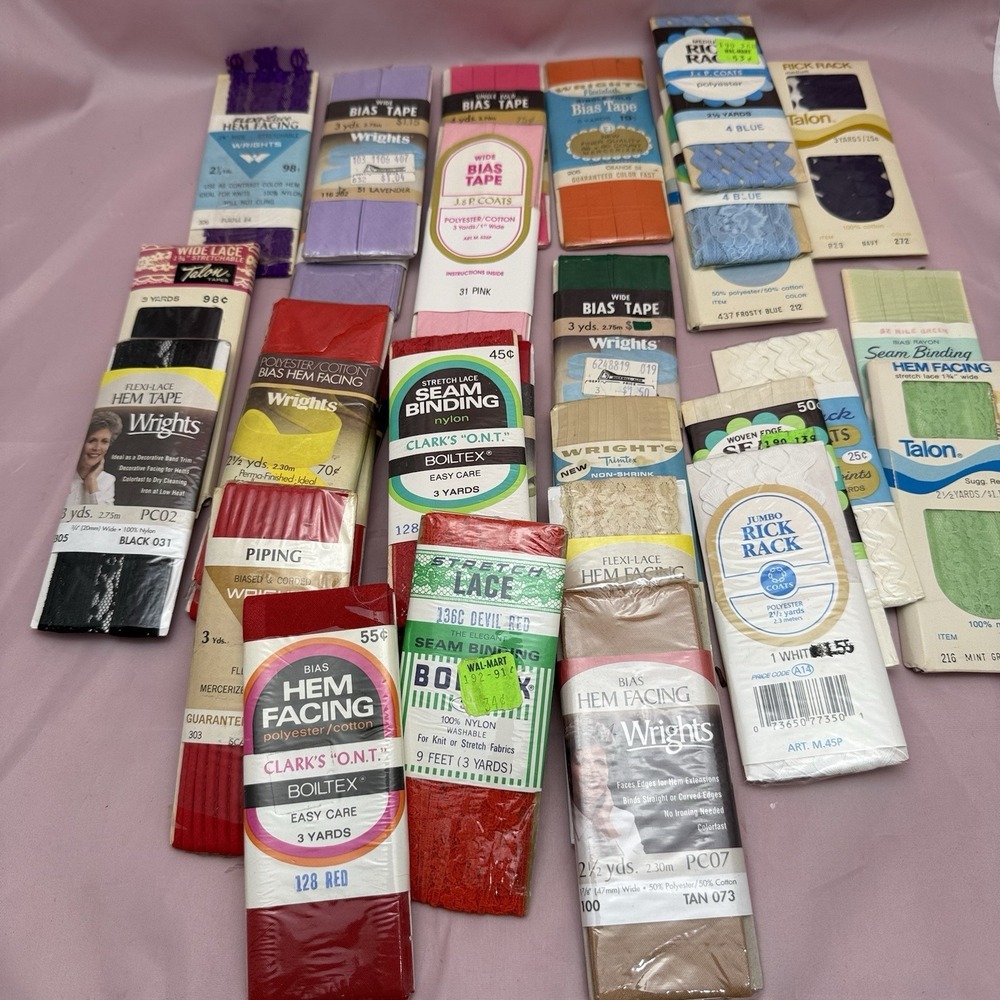 Vintage Sewing Notions Lot 20+ Sealed Bias Tape Rick Rack Lace Trim Hem Facing